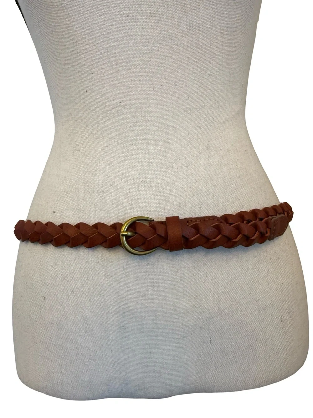 Braided Faux Leather Belt Brown Woven Adjustable Brass Tone Buckle Boho